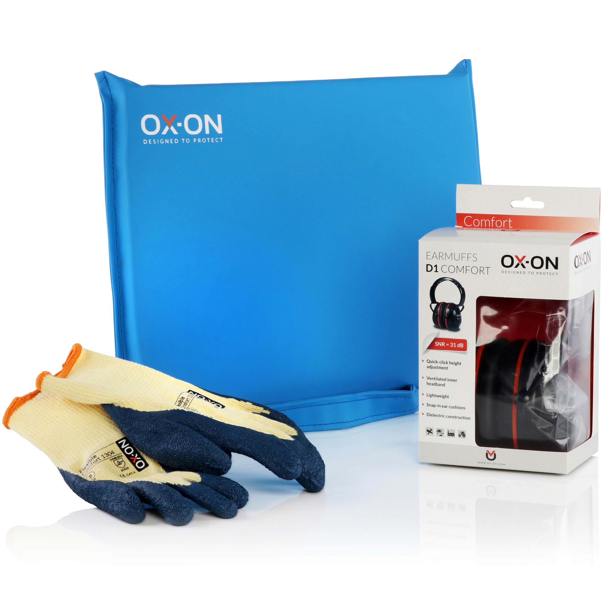 Gants de travail, genouillères et protections auditives de la marque OX-ON