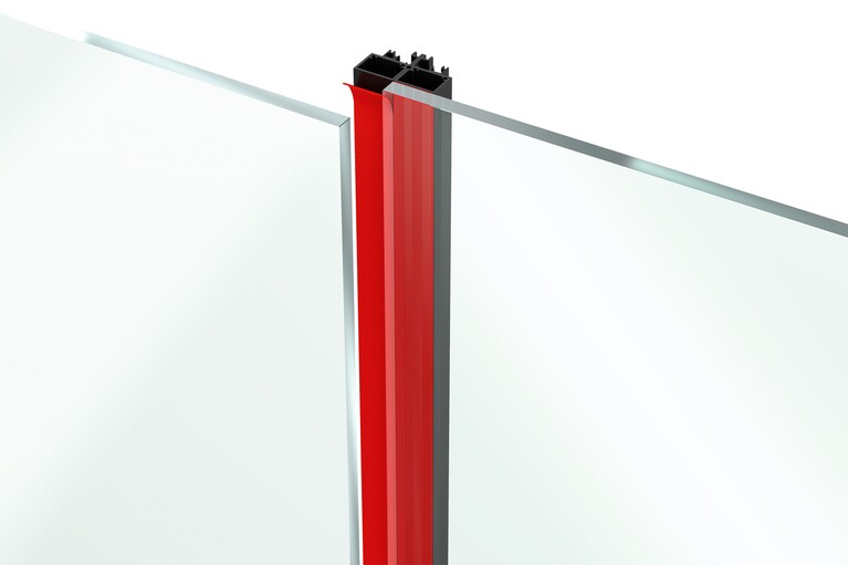 Grafik mit Glasscheiben und rotem Montageklebeband.