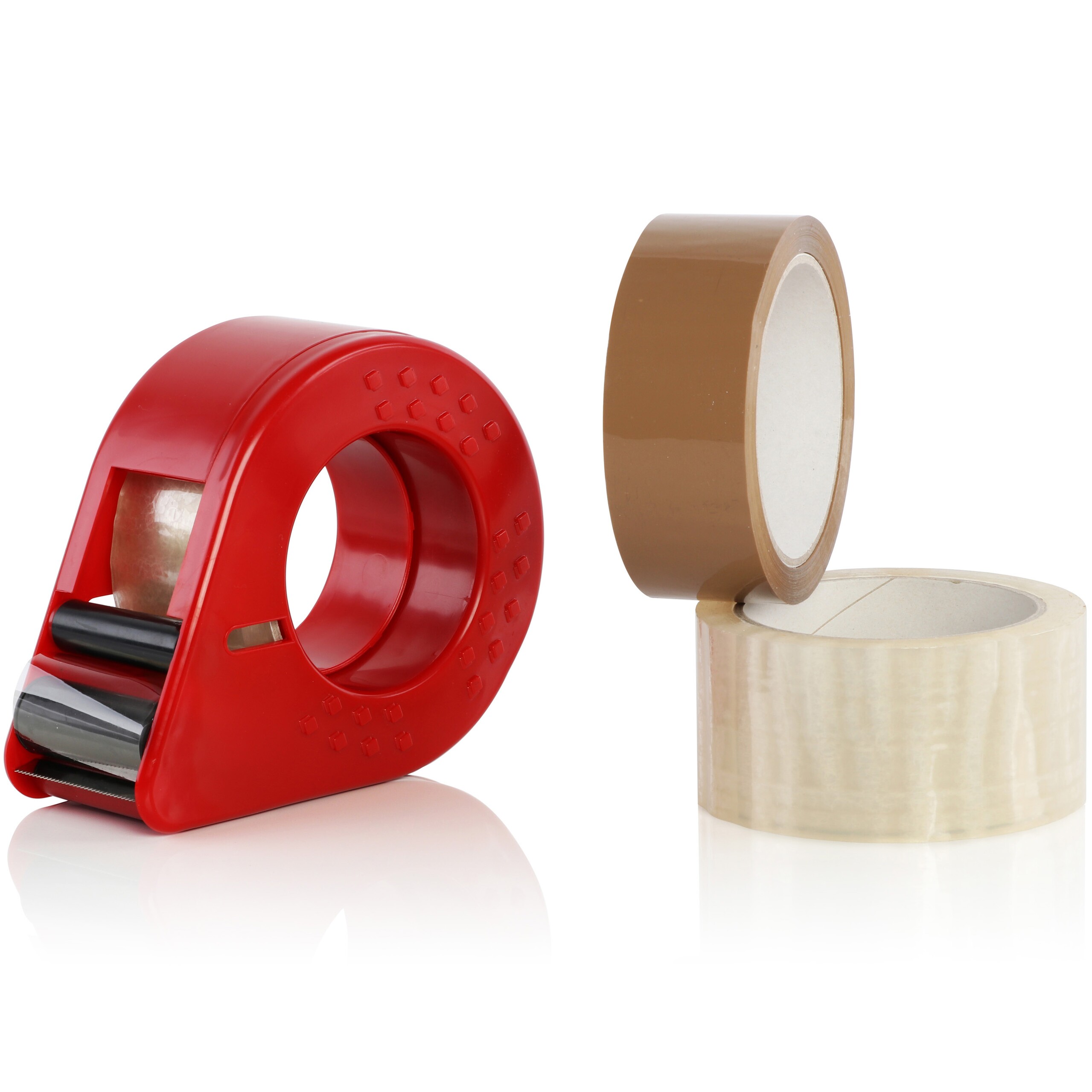 Dérouleur de ruban d'emballage rouge et deux rouleaux de ruban adhésif d'emballage (brun et transparent)