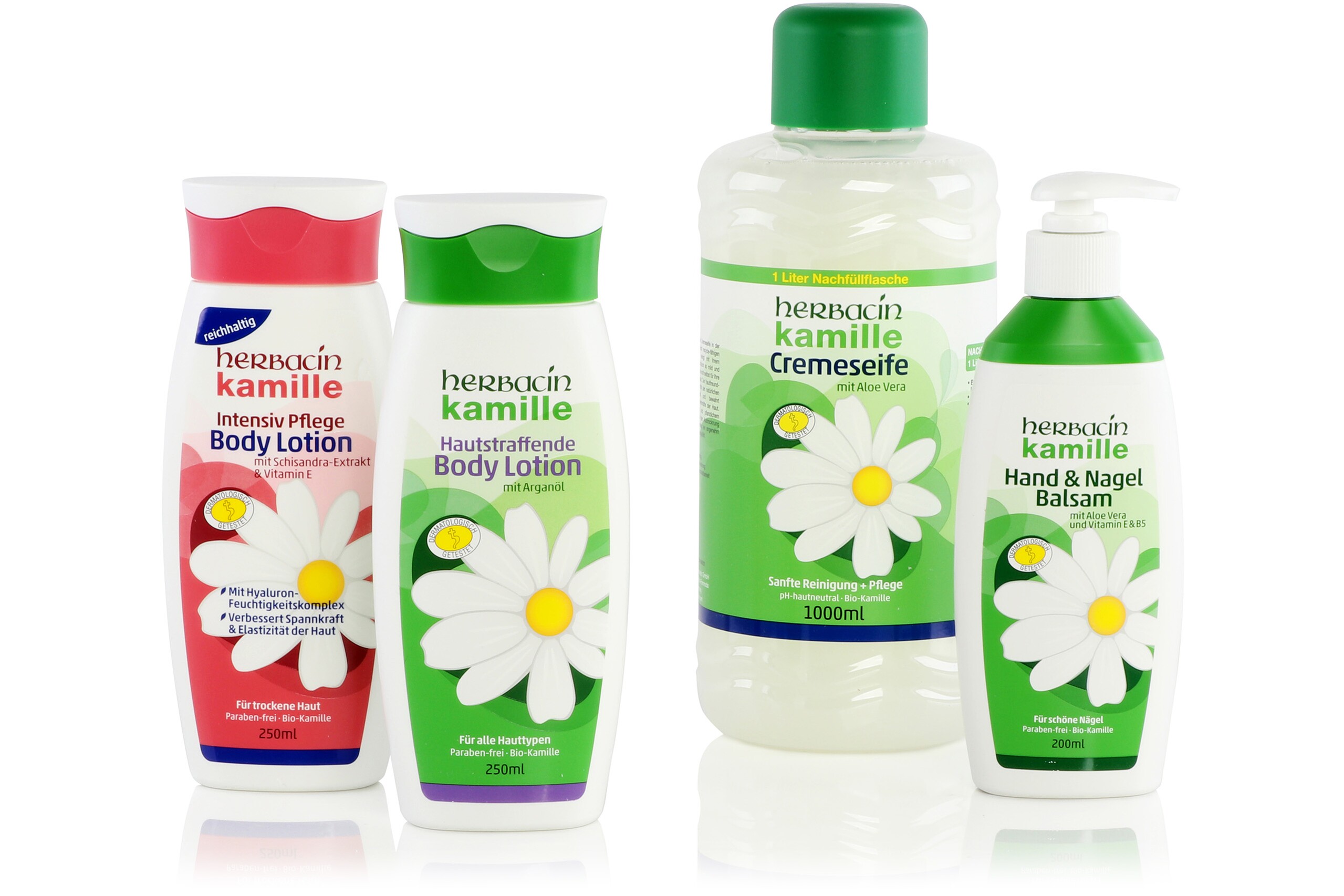 Quatre bouteilles de produits de soins corporels de la marque Herbacin, recouvertes d'étiquettes avec des éléments haptiques.