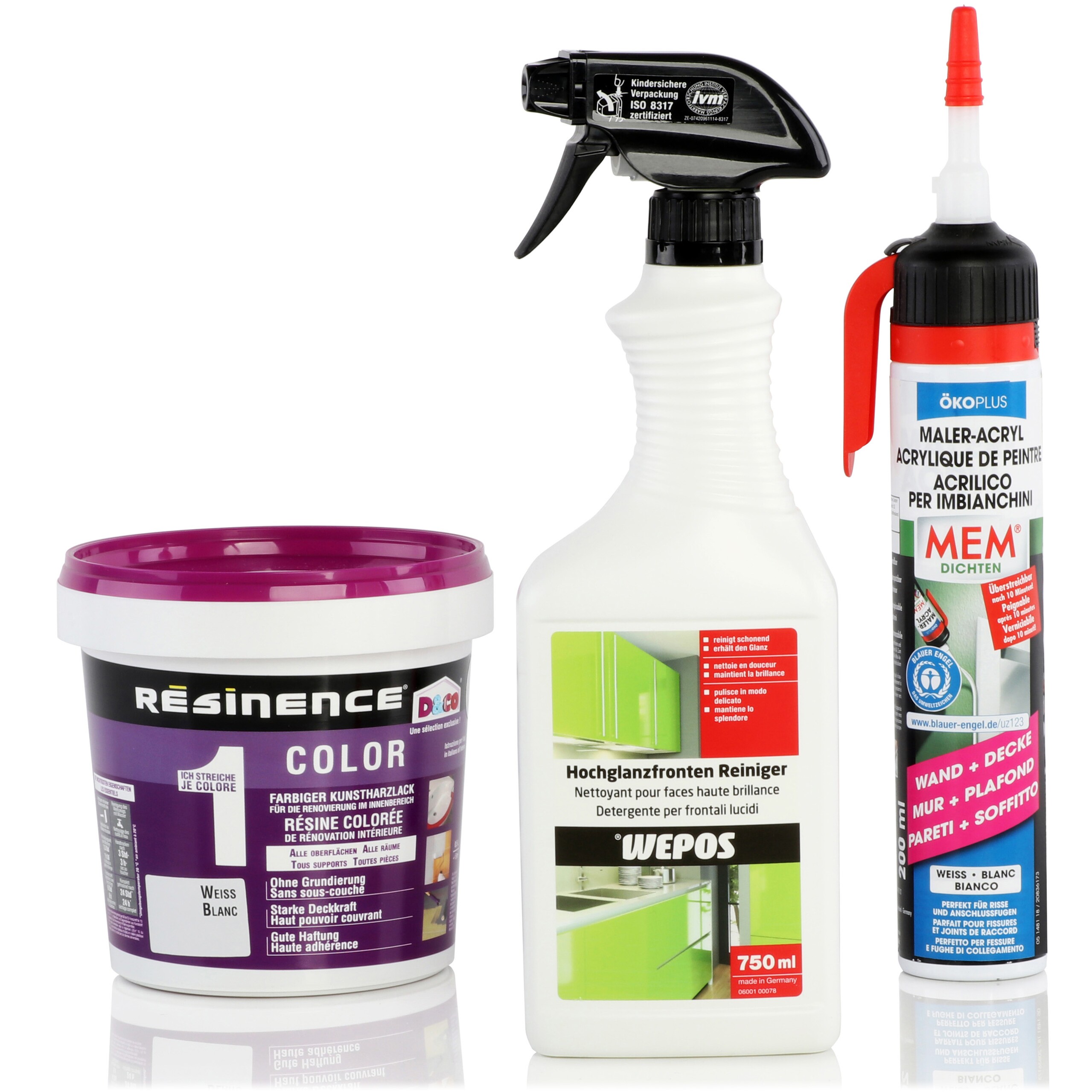 Farbeimer, Sprühflasche mit Reiniger und Maler-Acryl-Dichtstoff für den Do-it-Bereich