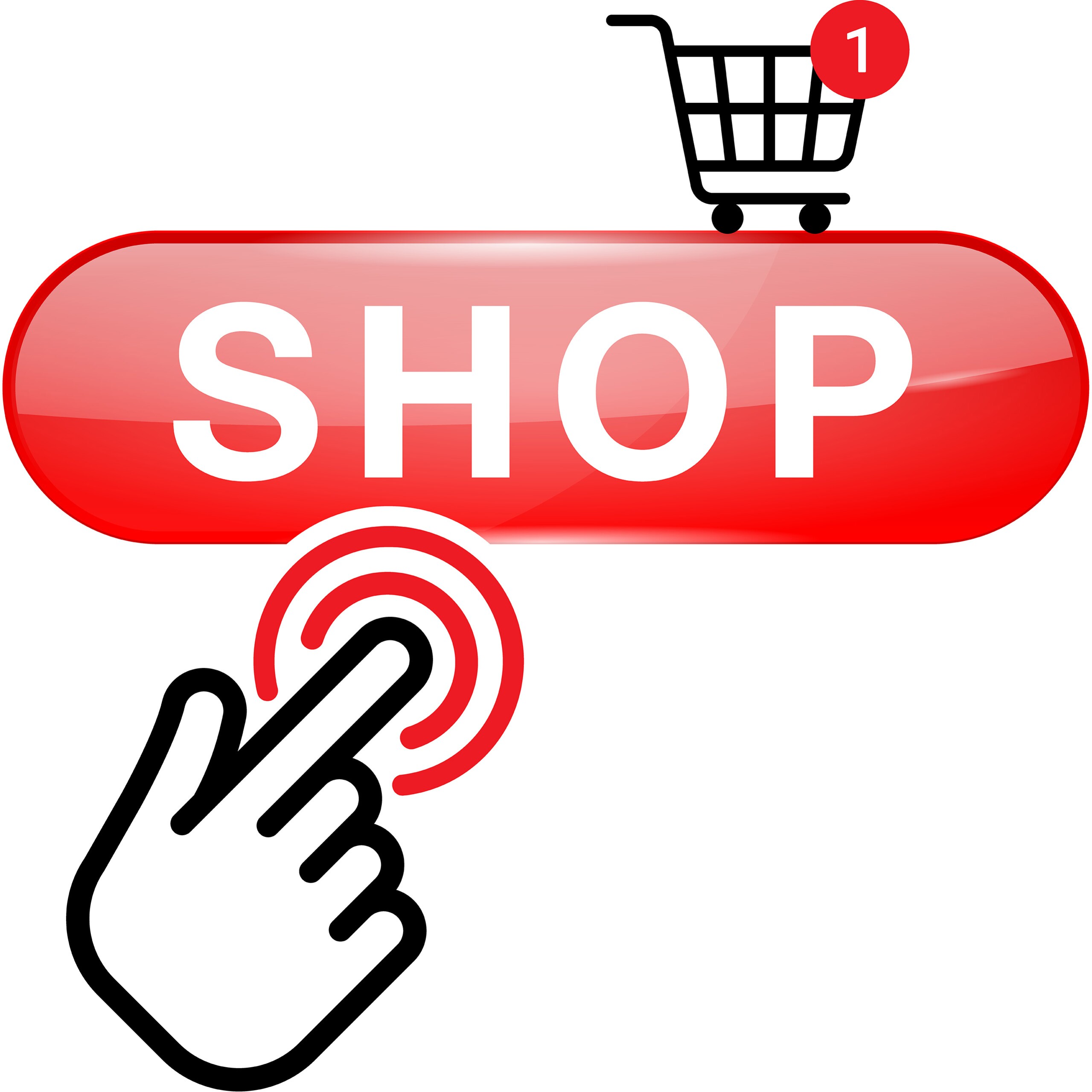 Roter Button, auf dem Shop geschrieben steht, eine Hand die auf den Button klickt und ein Einkaufwagen über dem Button