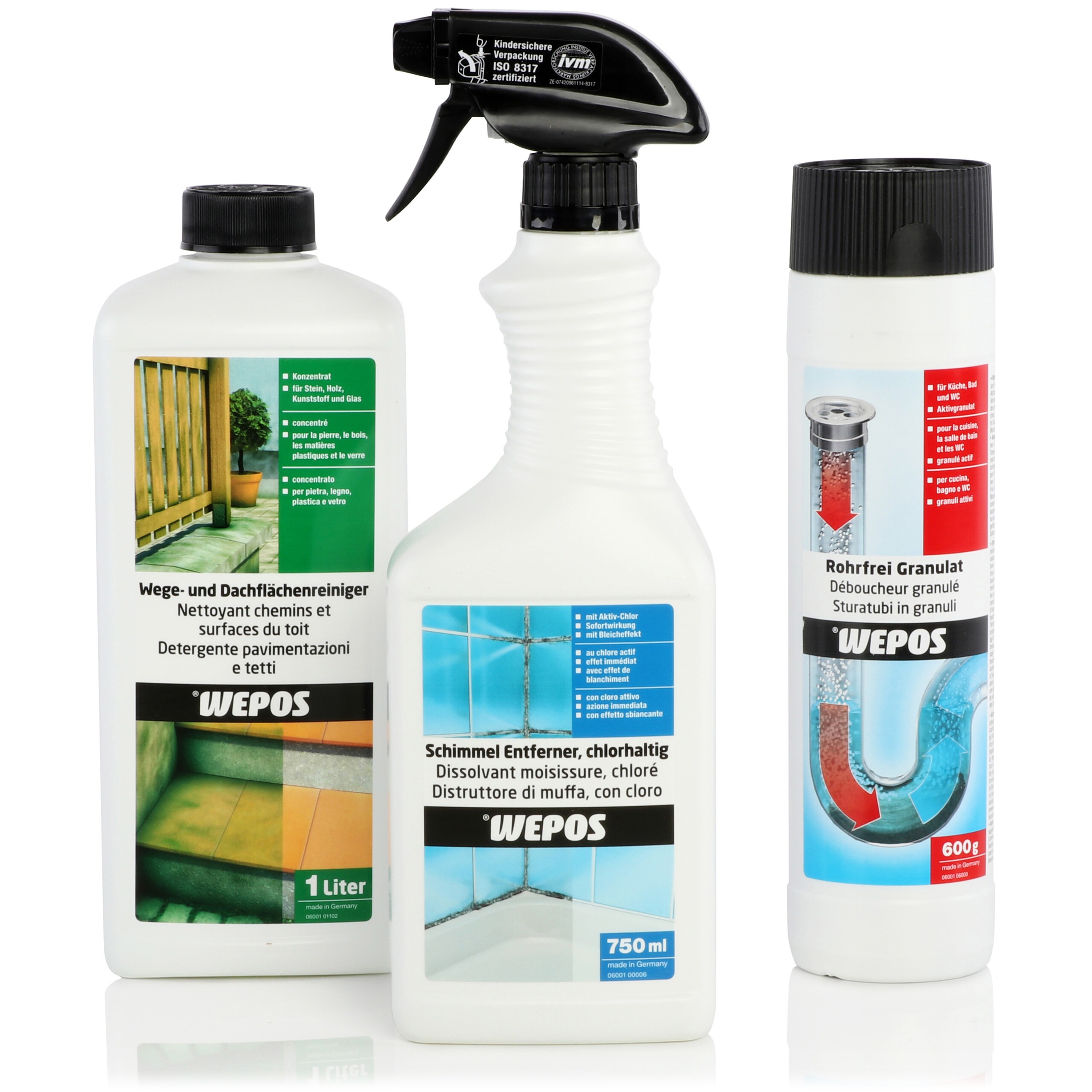 Trois produits de nettoyage de la marque Wepos, nettoyant pour surfaces de toitures, produit anti-moisissures, granulés déboucheur