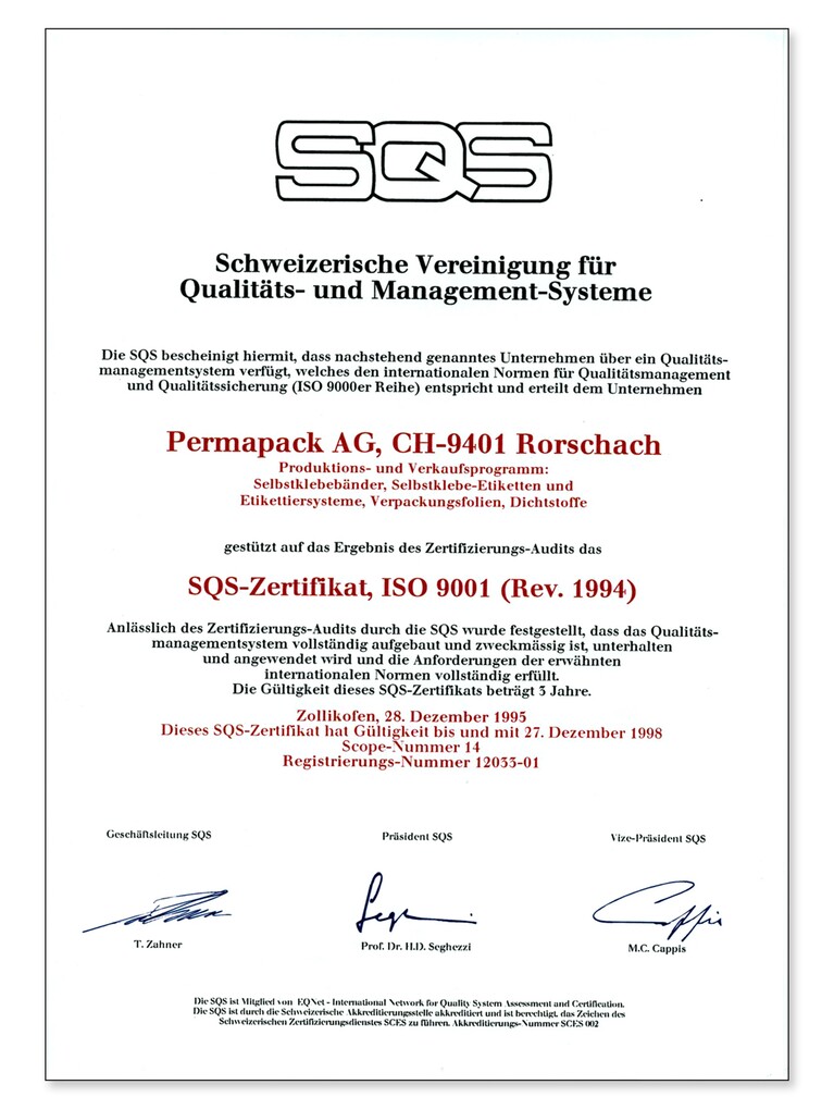 SQS-Zertifikat aus dem Jahr 1995